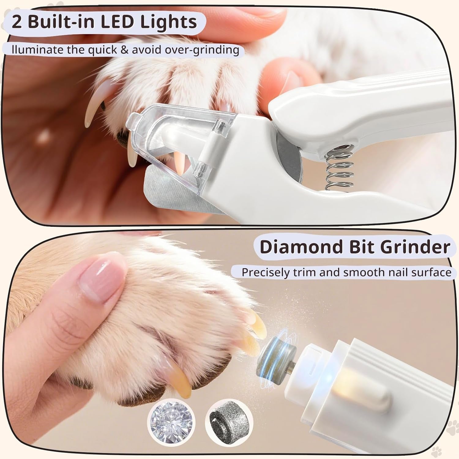 2-In-1 Dog Nail Trimmers & Dog Nail Grinder, Dog Nail Clippers with 2 LED Lights & Safety Guard, USB Rechargeable, Multiple Grinding Methods for Small, Medium, and Large Dogs & Cats (White)