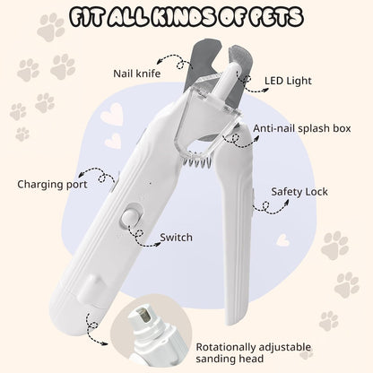 2-In-1 Dog Nail Trimmers & Dog Nail Grinder, Dog Nail Clippers with 2 LED Lights & Safety Guard, USB Rechargeable, Multiple Grinding Methods for Small, Medium, and Large Dogs & Cats (White)
